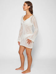 Santorini Crochet Tunic In Cream, view 3, click to see full size