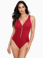 Miraclesuit Razzle Dazzle Zipt One Piece in Grenadine, view 1, click to see full size