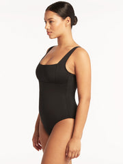 Essentials Square Neck One Piece In Black, view 3, click to see full size