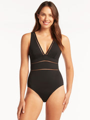 Sea Level Essentials Spliced One Piece in Black, view 1, click to see full size