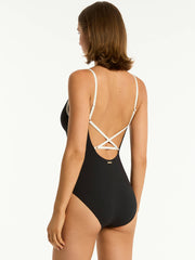 Sea Level Babylon Cross Back One Piece in Black, view 2, click to see full size