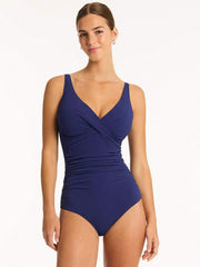 Sea Level Messina Cross Front Multifit One Piece in French Navy, view 1, click to see full size