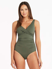 Sea Level Essentials Cross Front One Piece in Khaki, view 1, click to see full size