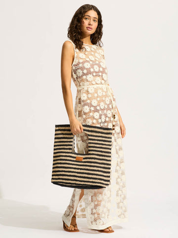 Seafolly Carried Away Raffia Stripe Basket Bag in Natural/Black