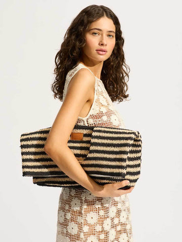 Seafolly Carried Away Raffia Stripe Basket Bag in Natural/Black