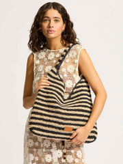 Seafolly Carried Away Raffia Stripe Tote Bag in Natural/Black, view 1, click to see full size