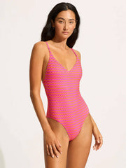 Mesh Effect V Neck One Piece in Hot Pink, view 1, click to see full size