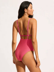 Mesh Effect V Neck One Piece in Hot Pink, view 2, click to see full size