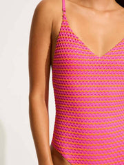 Mesh Effect V Neck One Piece in Hot Pink, view 3, click to see full size