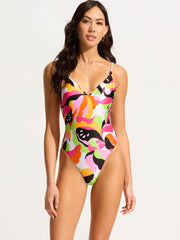 Seafolly Rio V Neck One Piece In Hot Pink, view 1, click to see full size