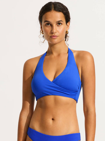 Seafolly SF Collective DD Wrap Front Halter Top in Azure
