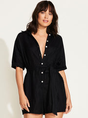 Vitamin A Playa Romper in Black EcoLinen, view 4, click to see full size