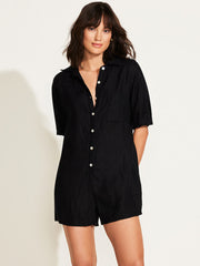 Vitamin A Playa Romper in Black EcoLinen, view 1, click to see full size