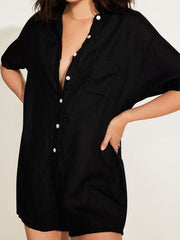 Vitamin A Playa Romper in Black EcoLinen, view 3, click to see full size