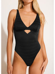 Vitamin A Seersucker Stripe Rossi Underwire One Piece in Black, view 3, click to see full size