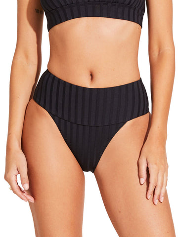 Black Ribbed High Cut Wide Waistband Bikini Bottom